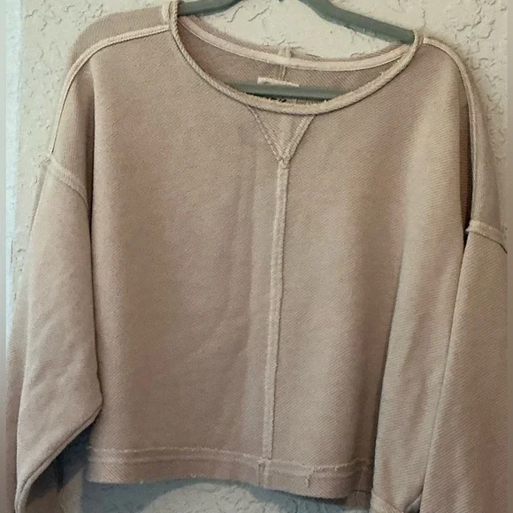 Aerie Light Tan Textured Long Cropped Sweatshirt - Picture 3 of 7